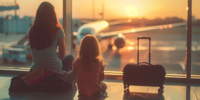 Podróże z rodziną Mama z córką siedzące na walizkach na terminalu lotniczym, patrzące przez okno na samolot przy zachodzie słońca