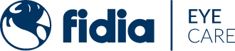 Granatowe logo Fidia i napis Eye Care